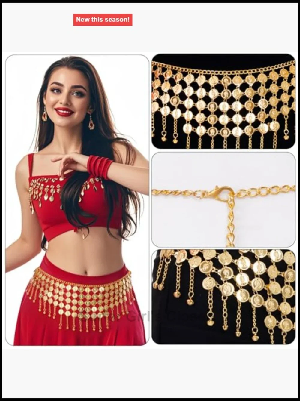 Belly Dance Hip Scarf Belt with Coins, Adjustable, Hook & Loop Closure